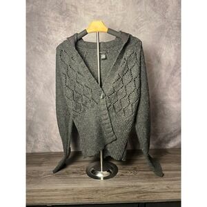 BCBGMAXAZRIA Hooded Pointelle Knit Wool Blend Cardigan Single Button Gray Medium
